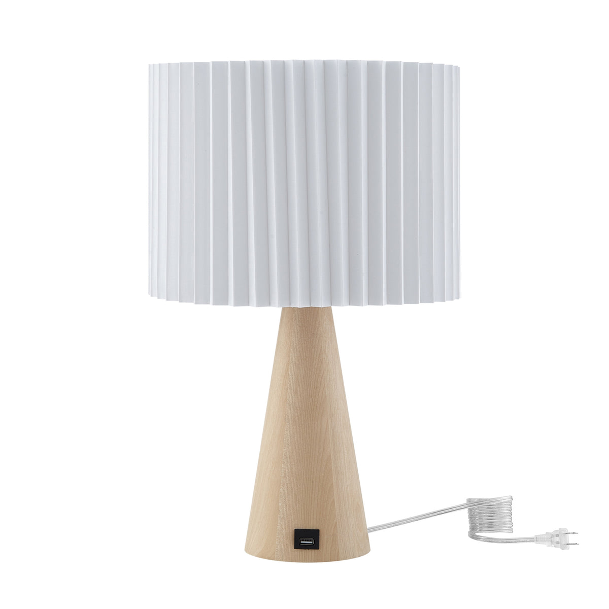 20" Beige Solid Wood USB Table Lamp With Beige Drum Shade