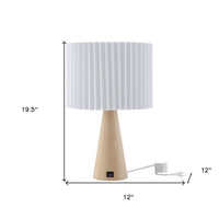 20" Beige Solid Wood USB Table Lamp With Beige Drum Shade