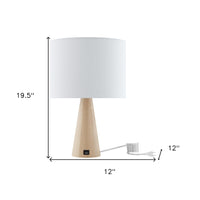 20" Beige Solid Wood USB Table Lamp With Beige Drum Shade