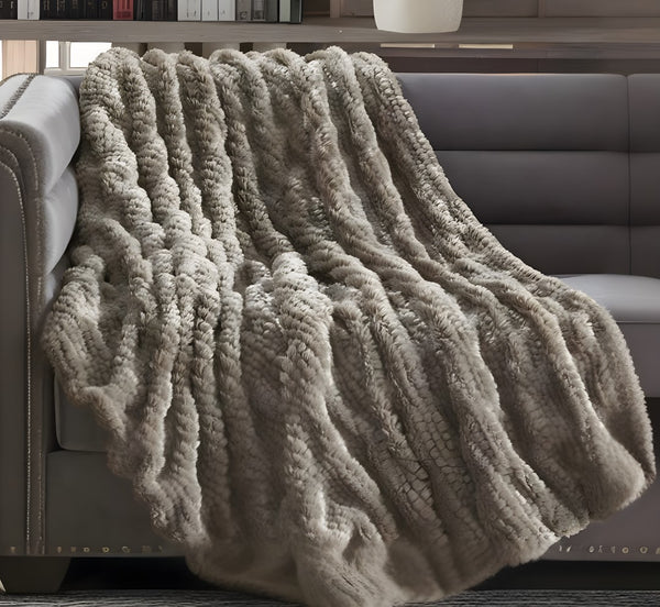 Brown Knitted Acrylic Solid Color Plush Throw Blanket