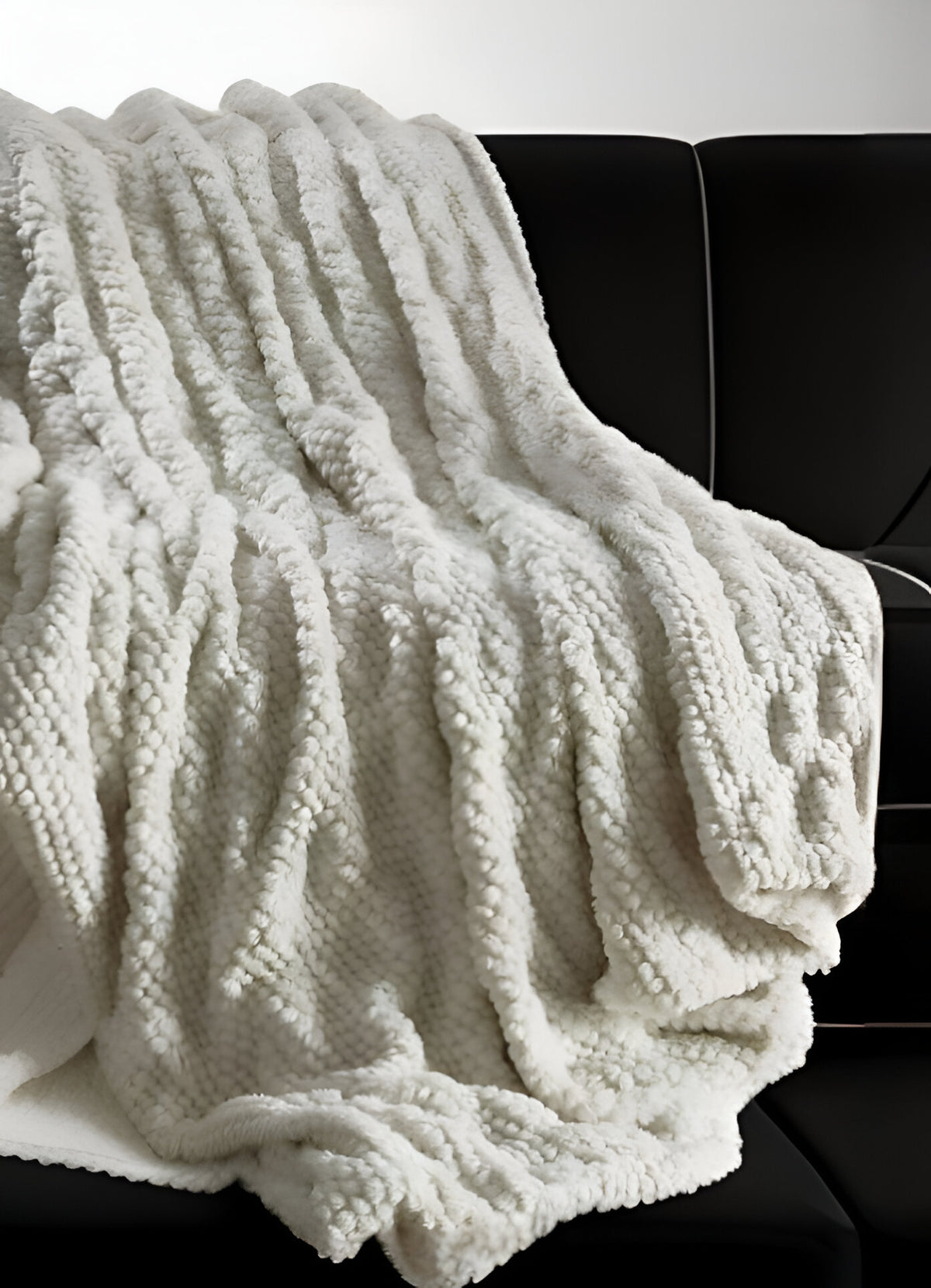 60" X 50" Ivory Knitted Acrylic Plush Throw Blanket