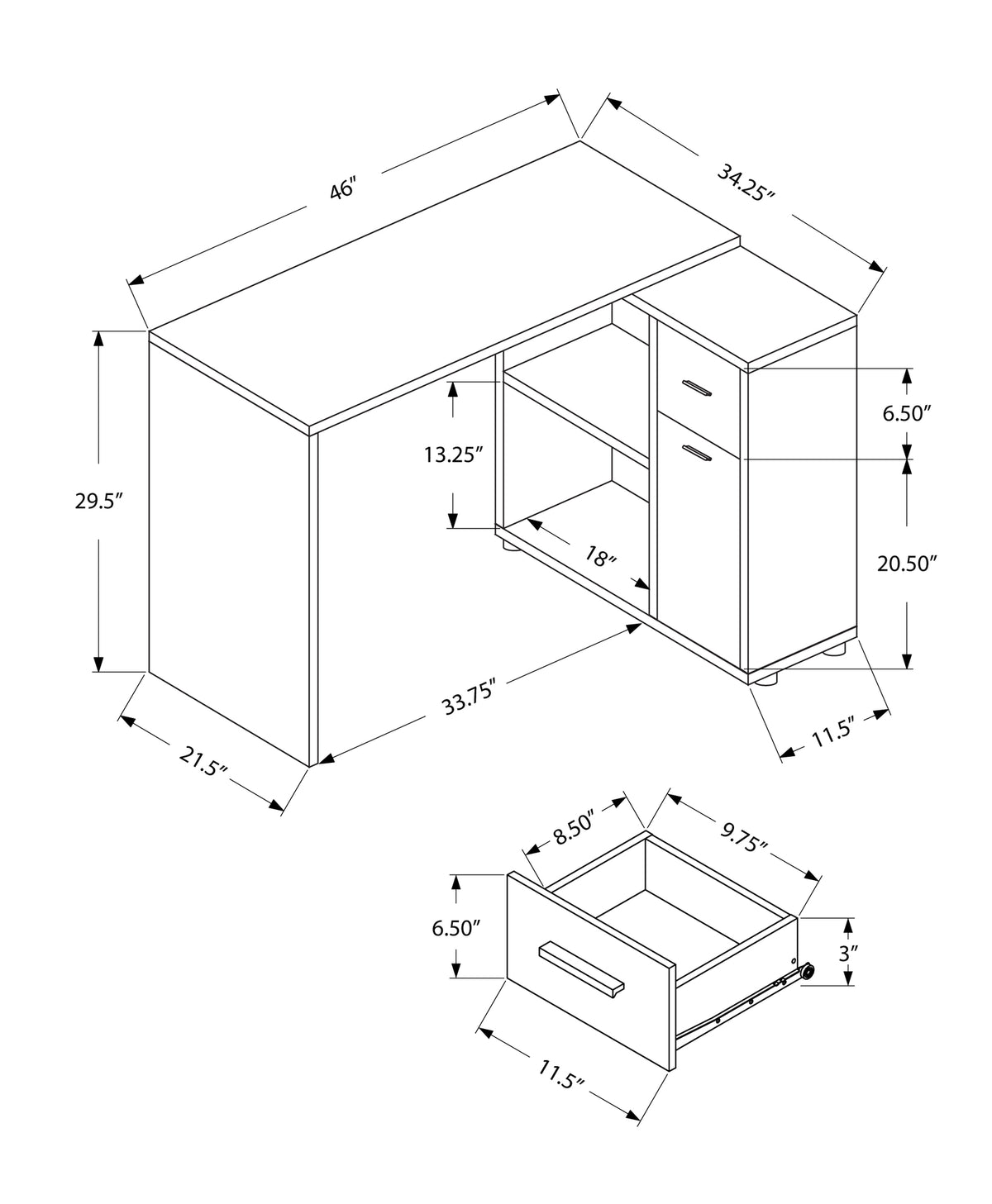 34" White L Shape Computer Desk With Two Drawers