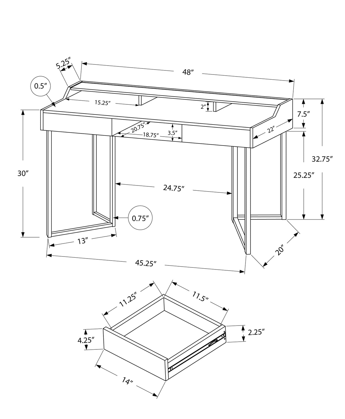 22" Taupe and Black Writing Desk With Two Drawers