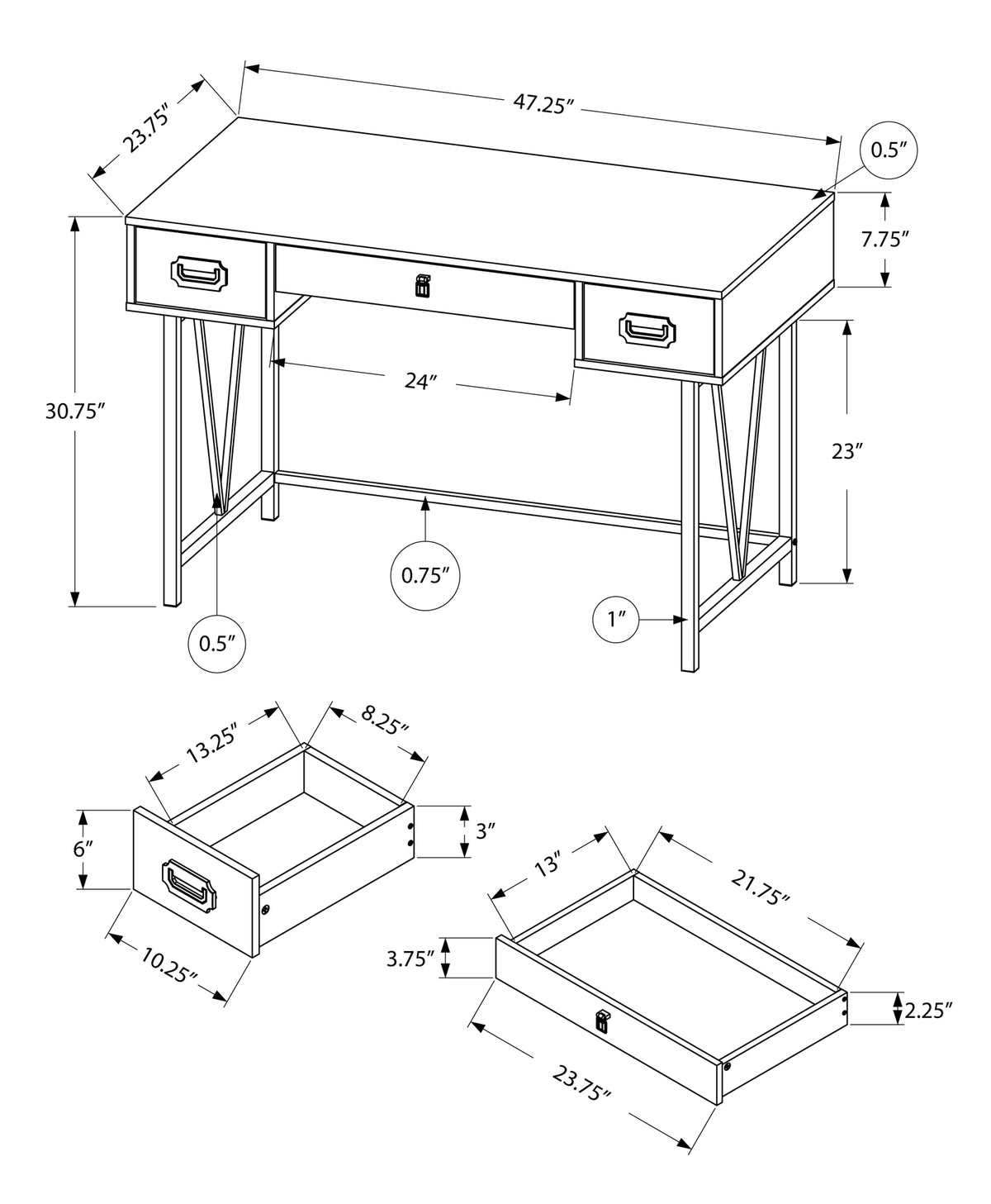 24" Taupe and Black Computer Desk With Three Drawers