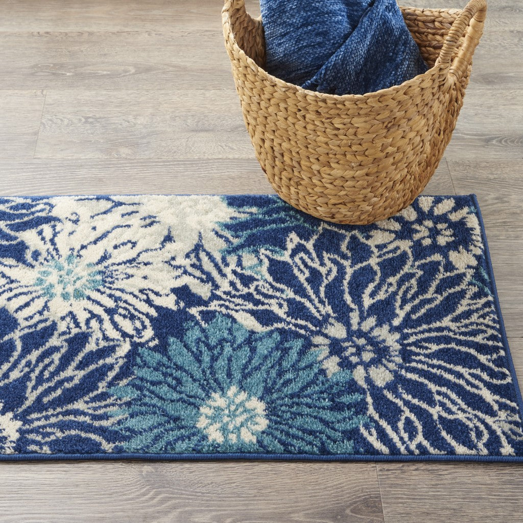 4' Blue And Ivory Round Floral Dhurrie Area Rug