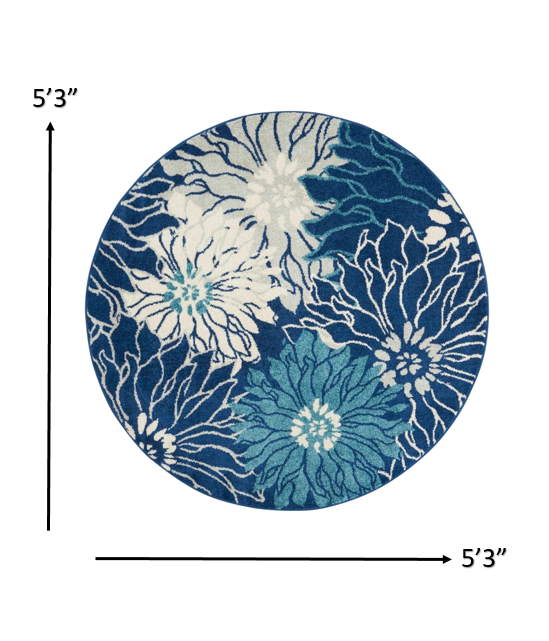 4' Blue And Ivory Round Floral Dhurrie Area Rug