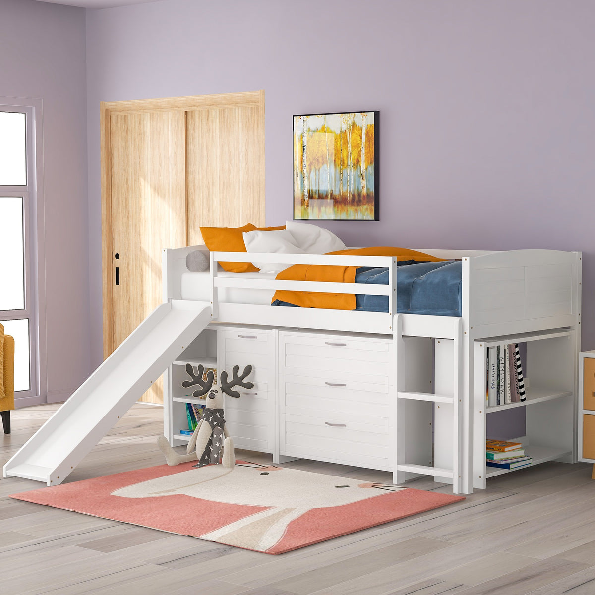 White Twin Size Low Loft Bed With Cabinets and Slide