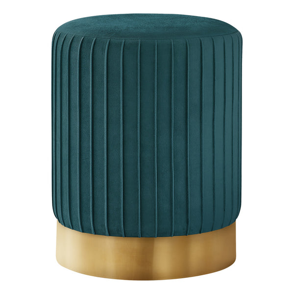 14" Teal Blue Velvet And Gold Round Ottoman