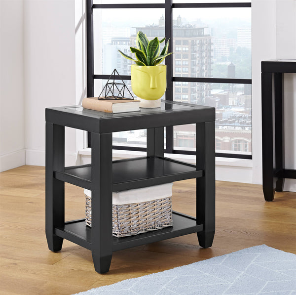 24" Black Glass End Table With Two Shelves