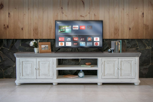 93" Gray and Ivory Solid Wood Cabinet Enclosed Storage Distressed TV Stand